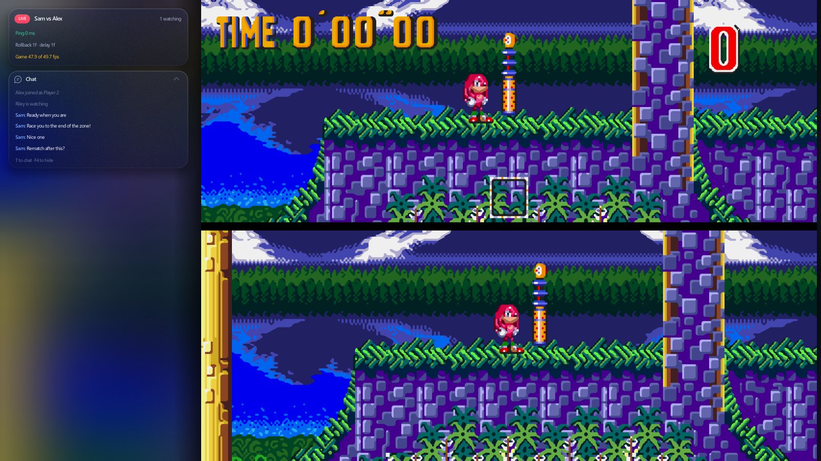 An online match in Press2P: the game in the middle, the connection stats and chat on the left