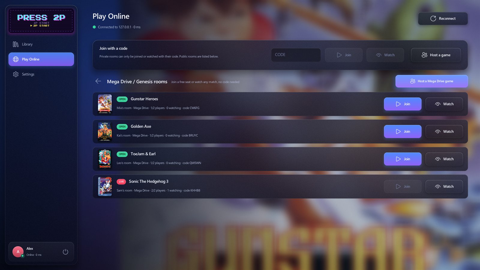 The Play Online page listing open and live rooms